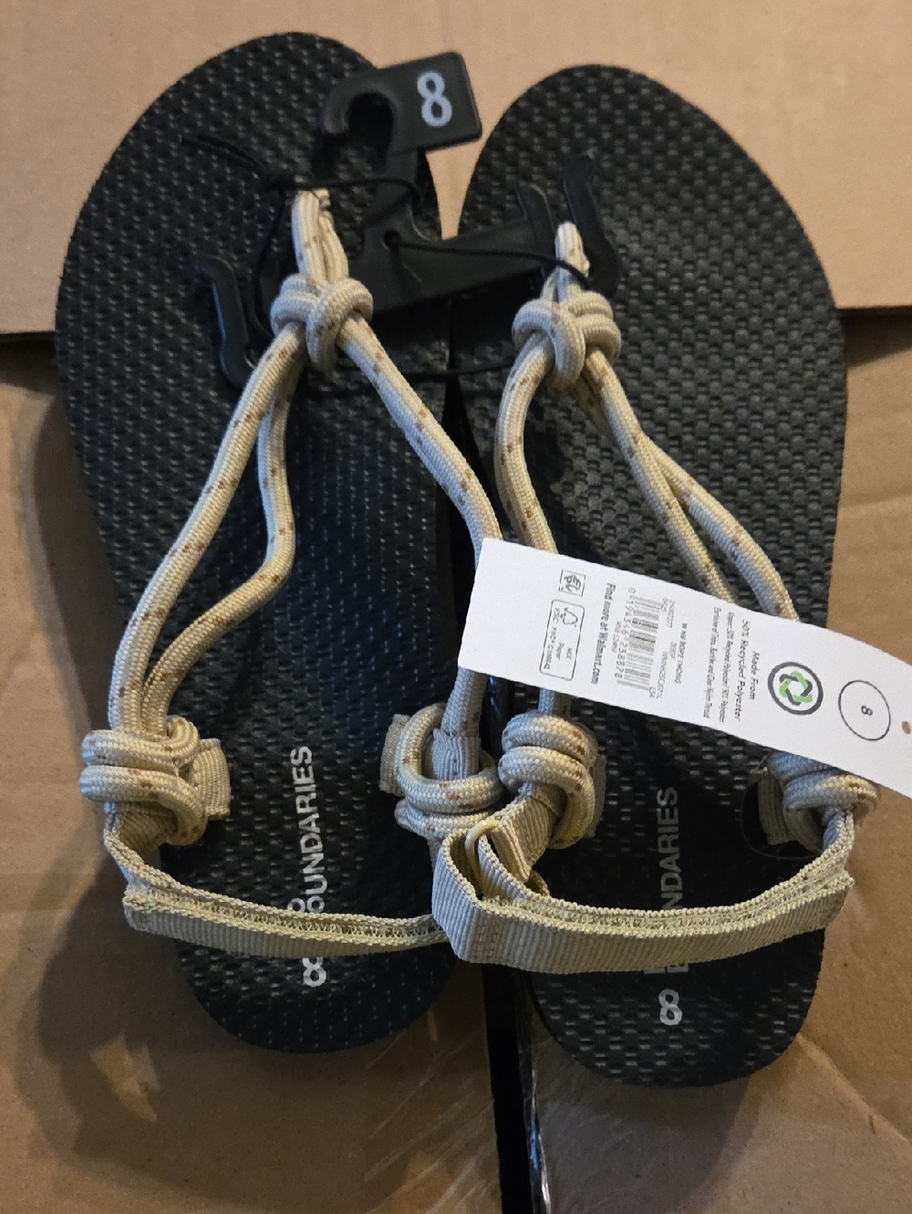 No Boundaries Beige Rope Strap Black Footbed Sandals - Size 8